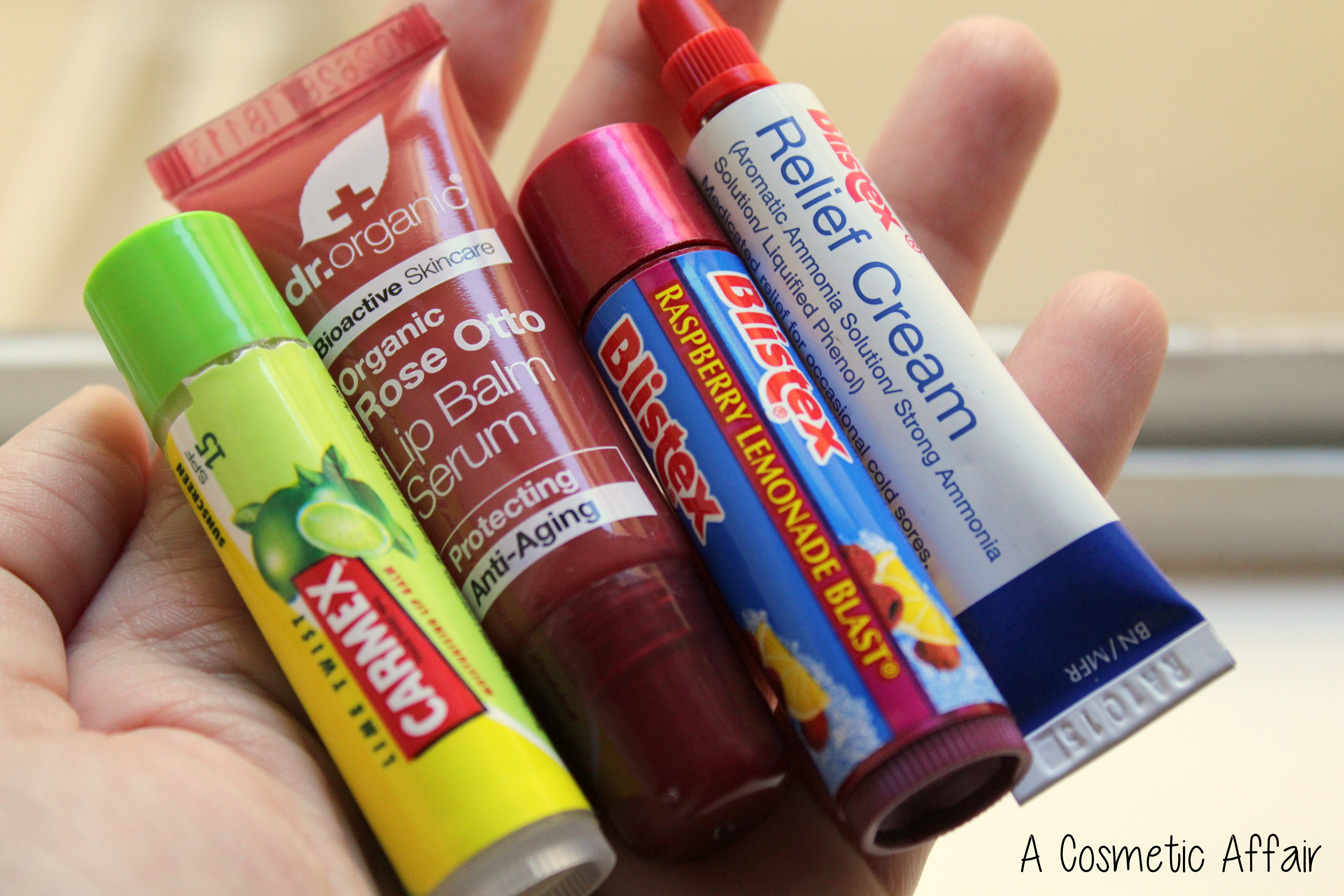 Carmex Blistex lip balm serum Dr Organic rose otto raspberrry lime relief